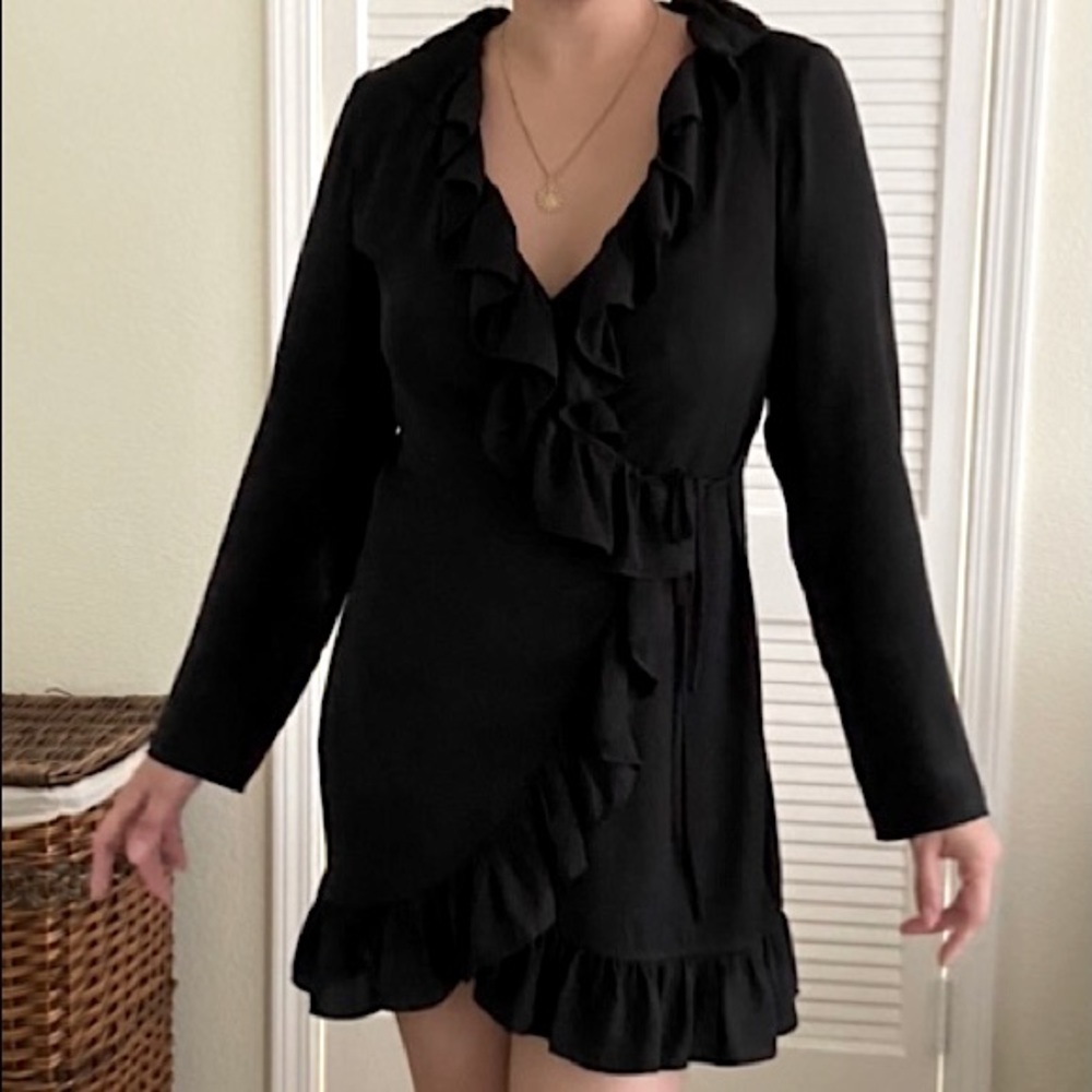 PrettyLittleThing UK 12 Ruffle Black Wrap Dress